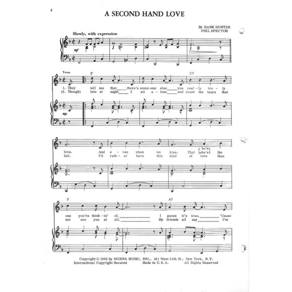 A Second Hand Love Sheet Music 1962 Connie Francis Phil Spector Hank Hunter - Picture 3 of 3